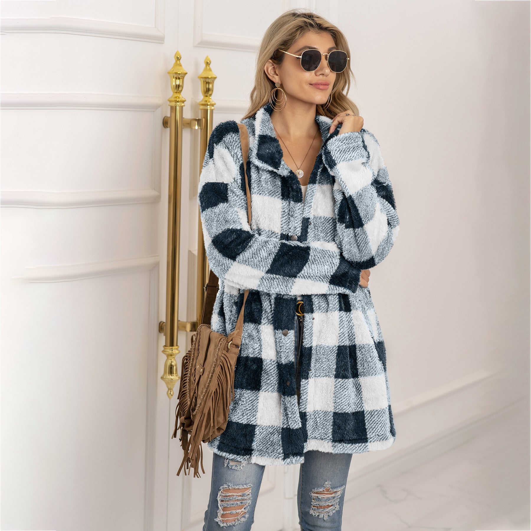 Colorblock Plaid Fleece Jacket