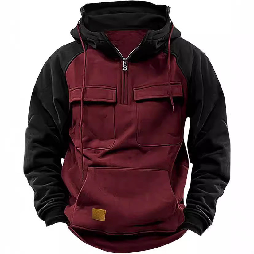 🔥 Fall Winter Retro Cargo Hoodie – Men’s Half Zip Fleece Jacket 🔥