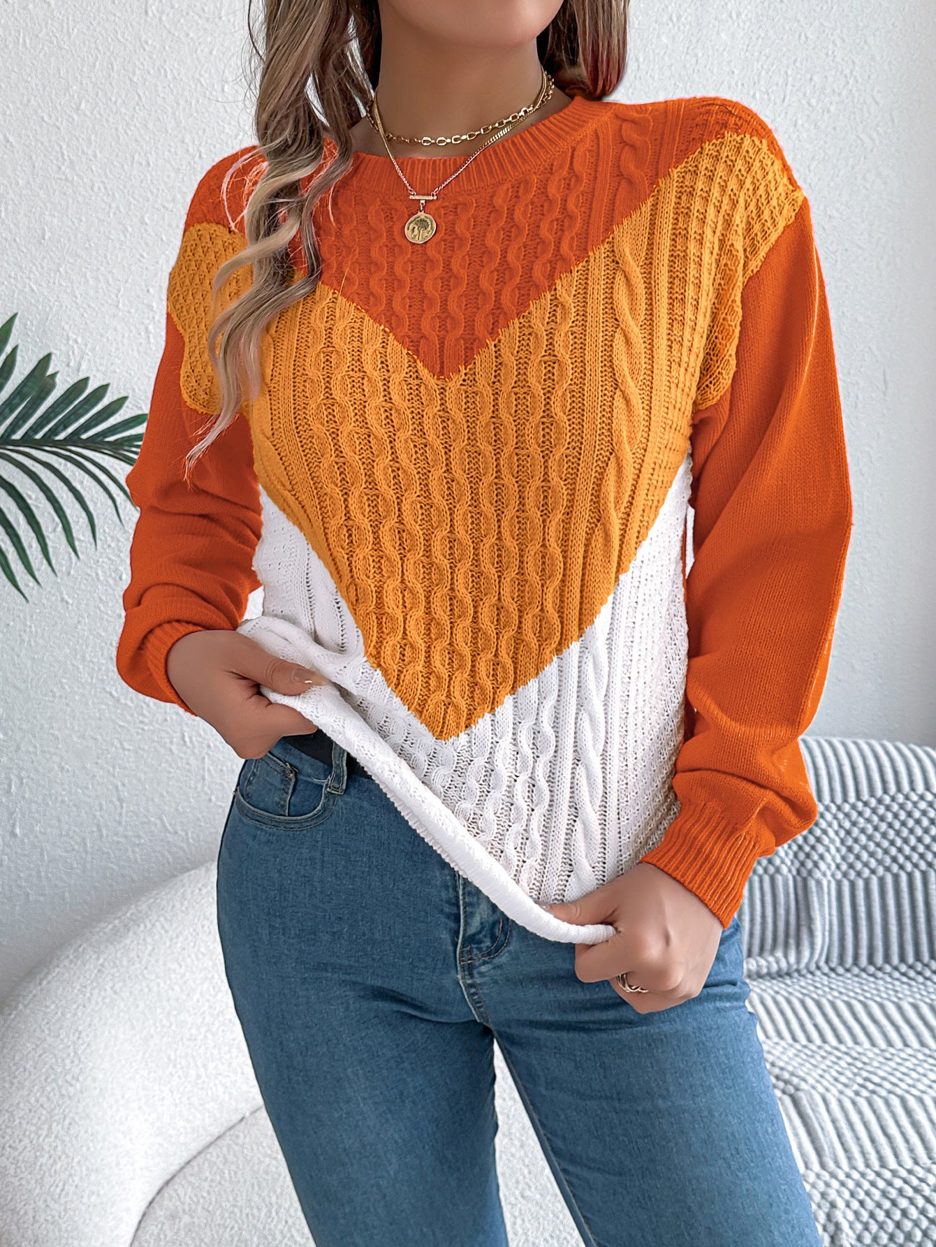 Color Matching Twist Lantern Sleeve Pullover Sweaters