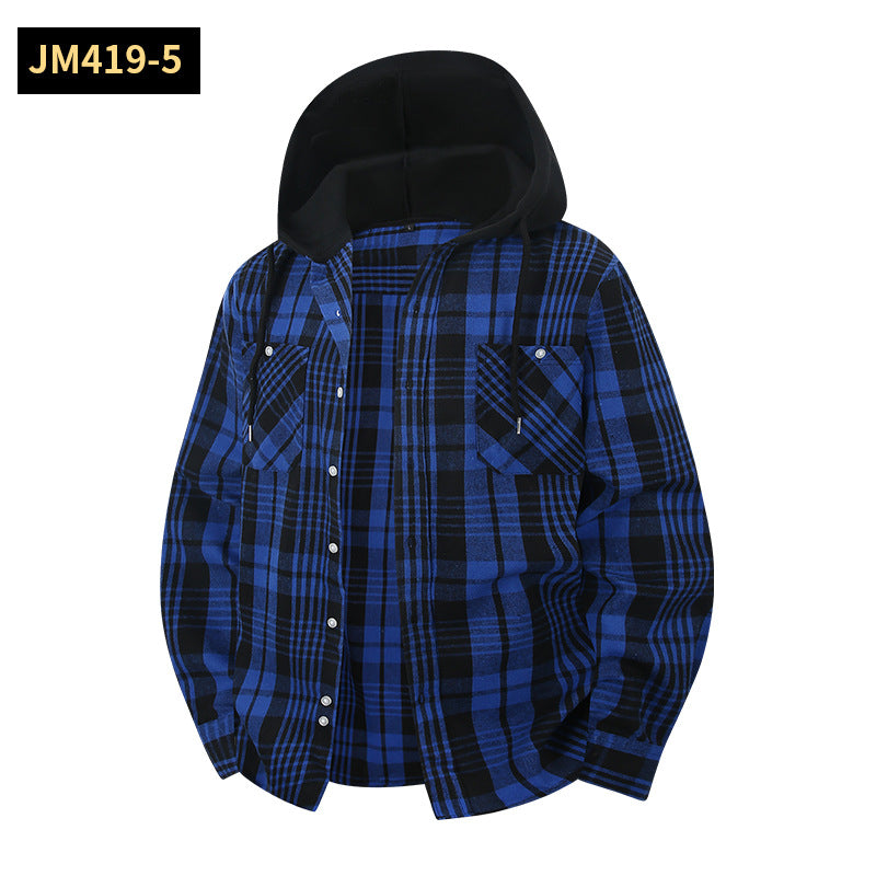 Men's Plaid Shirt Casual Hooded Jacket With Two Pockets