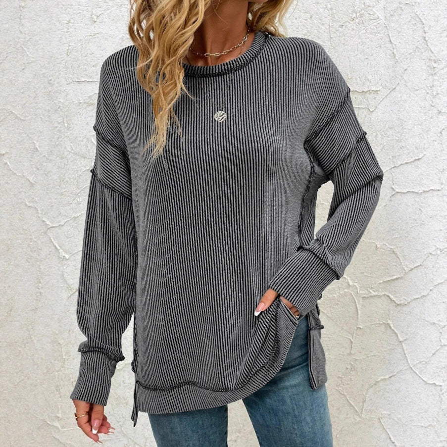 Split-front Long-sleeve Loose-fitting Sweatshirt Hoodie
