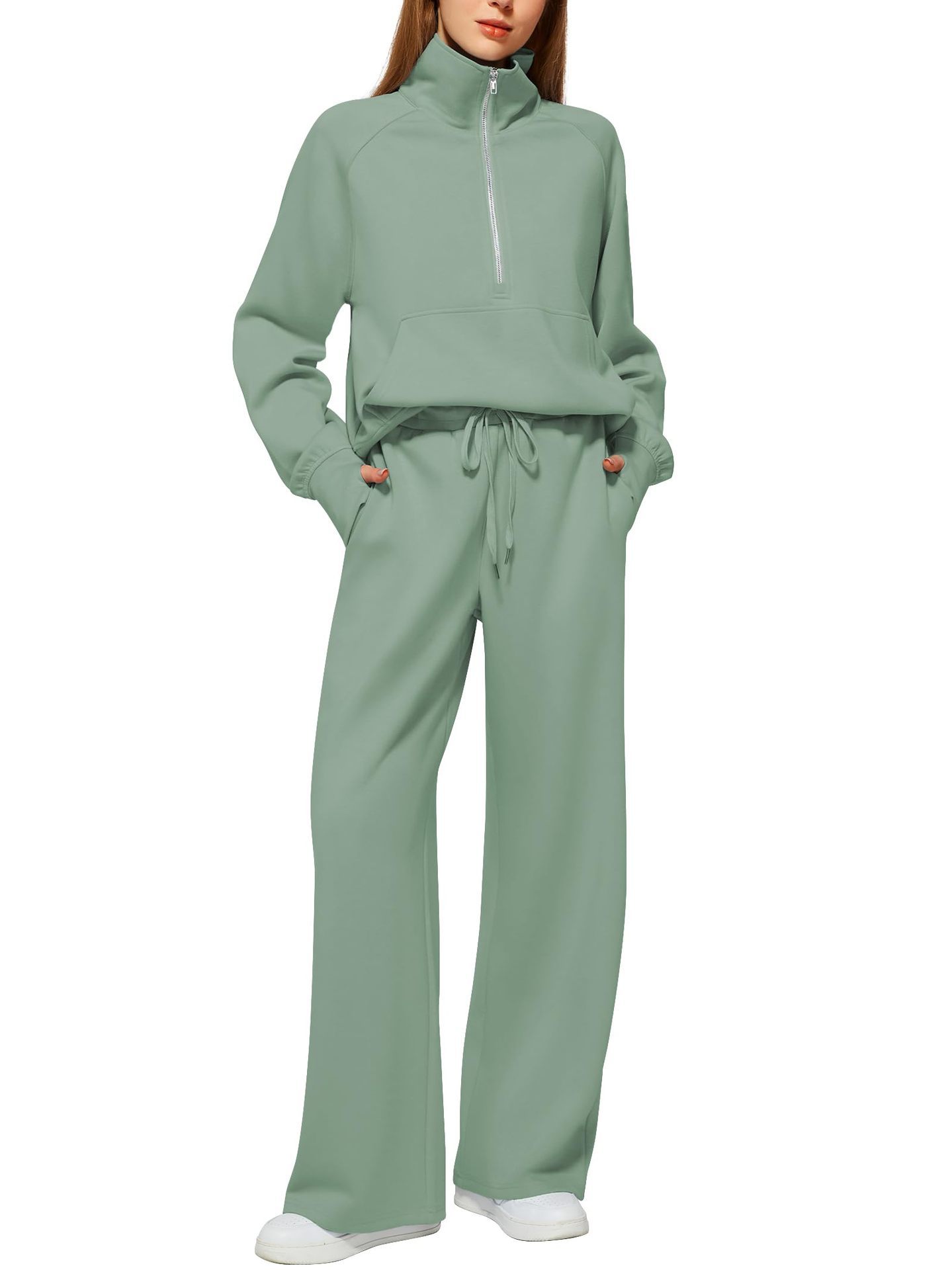Half Zip Long Sleeve Sweatshirt And Wide Leg Pants