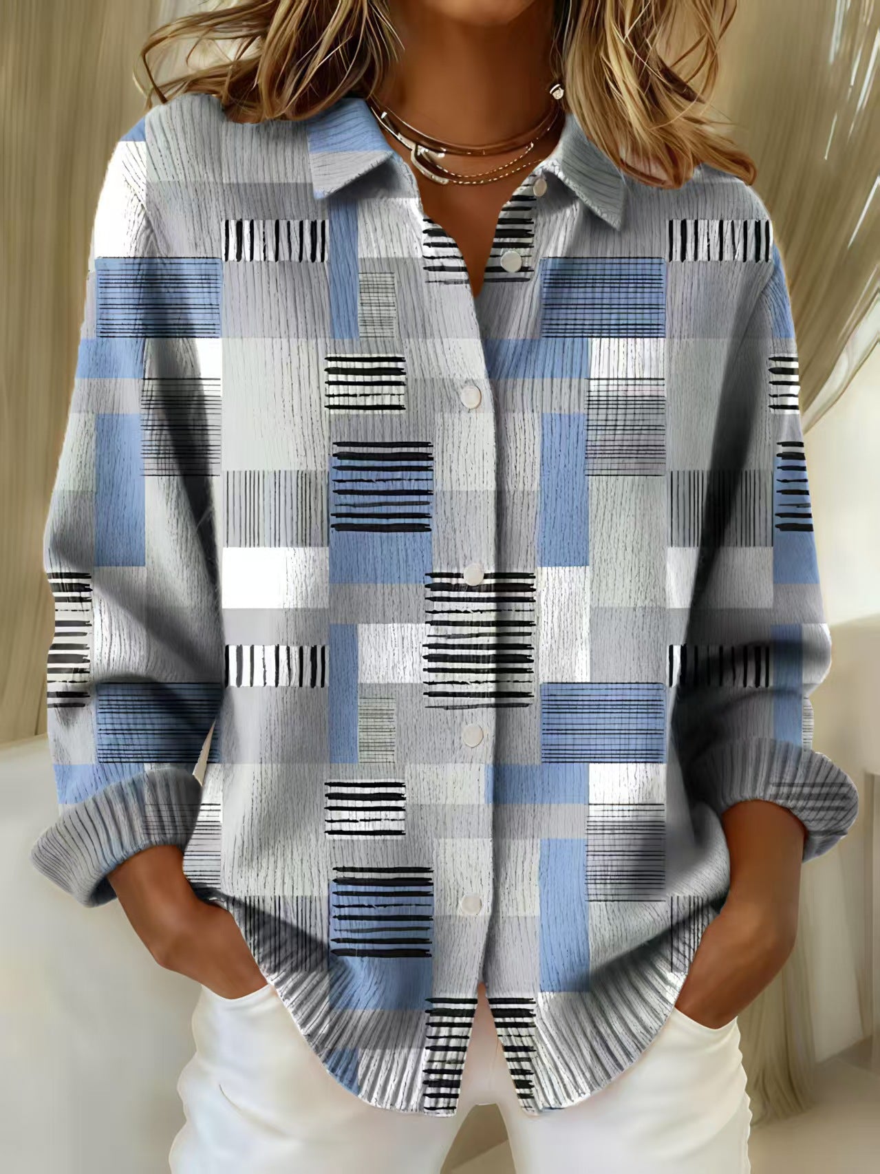 Printed Lapel Sweater Fashion Casual Long-sleeved Button Pullover