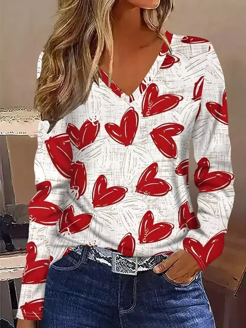 Women’s Stylish Printed V-Neck Long Sleeve Top | Casual Fashion Blouse