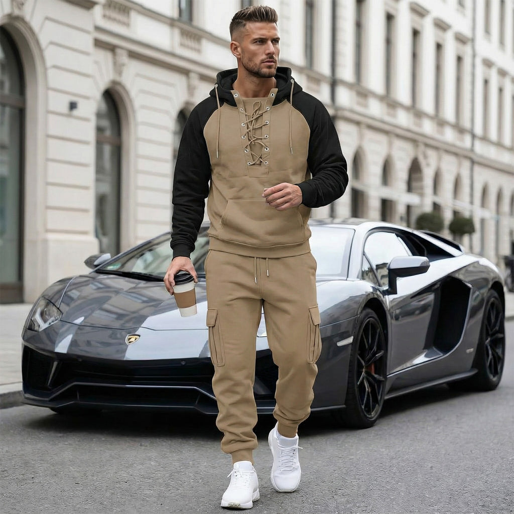 Men’s Fleece-Lined 2-Piece Hoodie & Cargo Jogger Set (Raglan Sleeves, Multi Pockets)