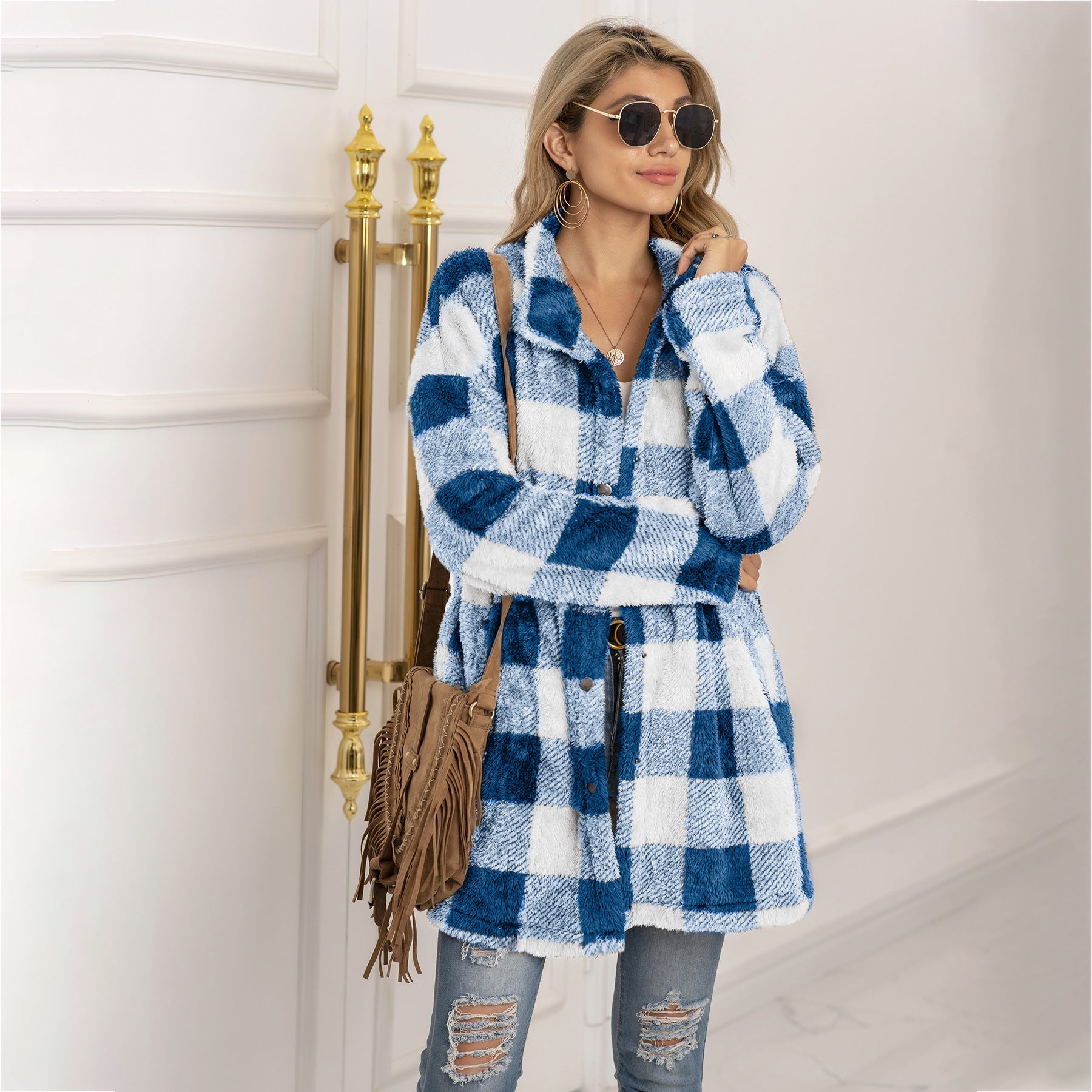 Colorblock Plaid Fleece Jacket