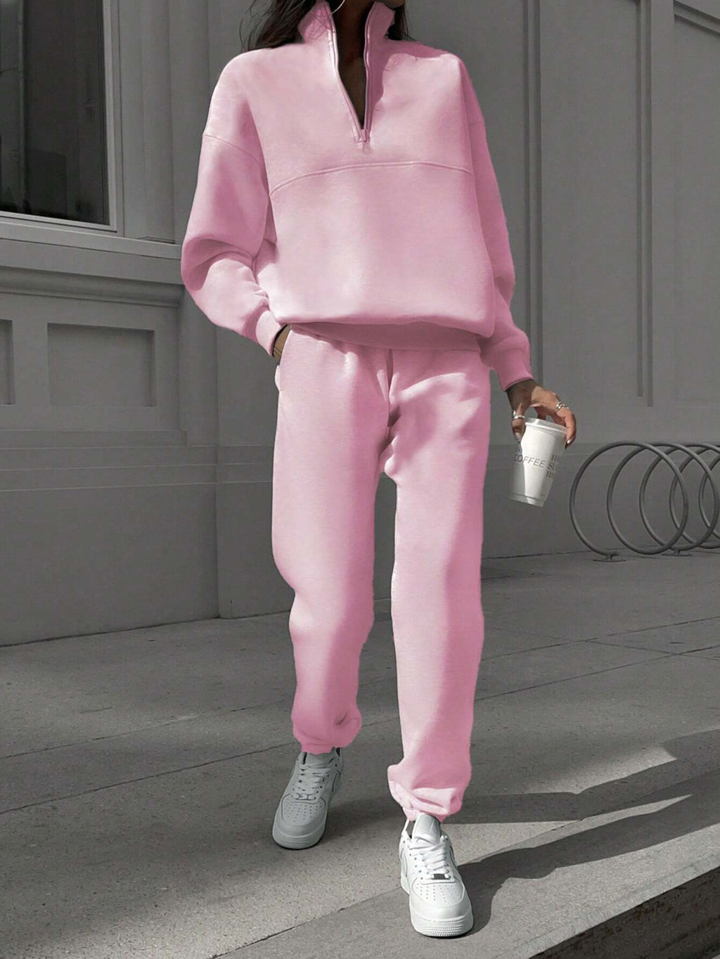 Long-sleeved Sports Sweatshirt And Elastic Band Trousers With Pocket