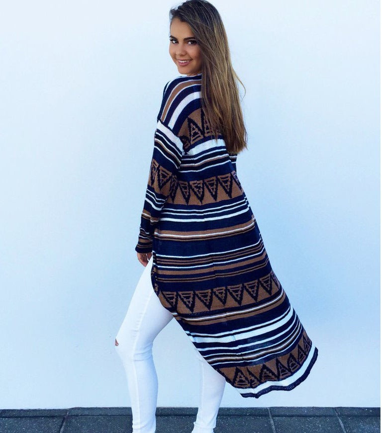 Women’s Longline Cardigan Coat | Boho Stripe Open Front Duster