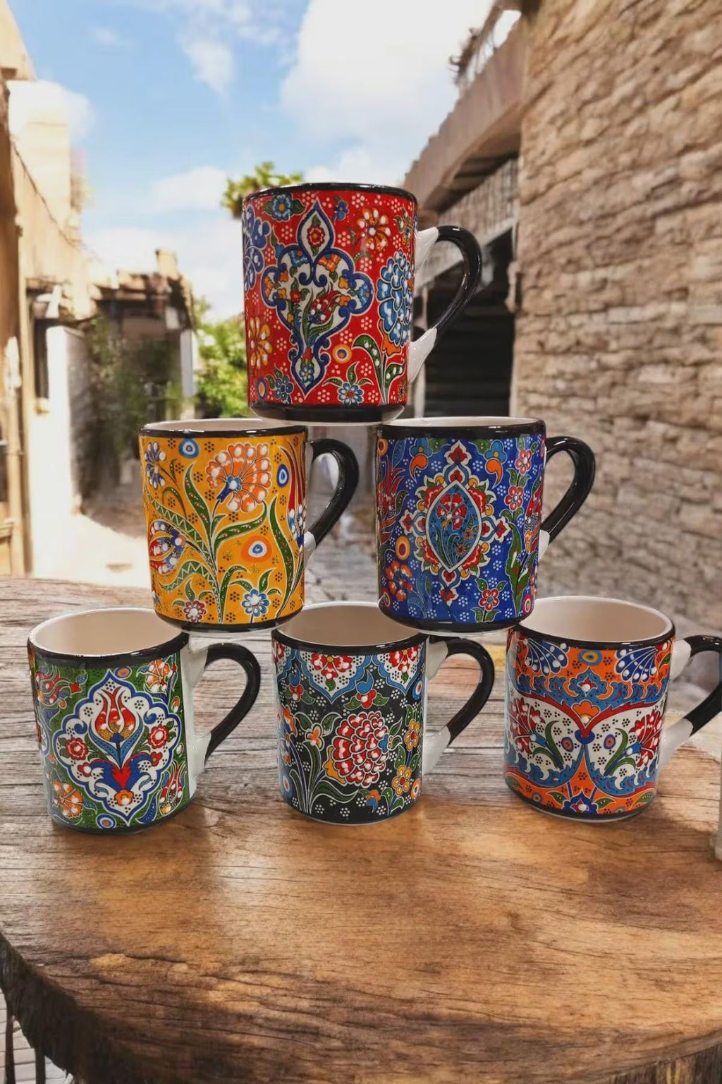 Set of 6 Handmade Ceramic Ethnic Mugs