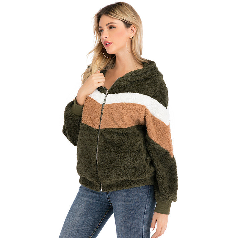 Women’s Teddy Fleece Jacket | Faux Fur Colour Block Hooded Coat