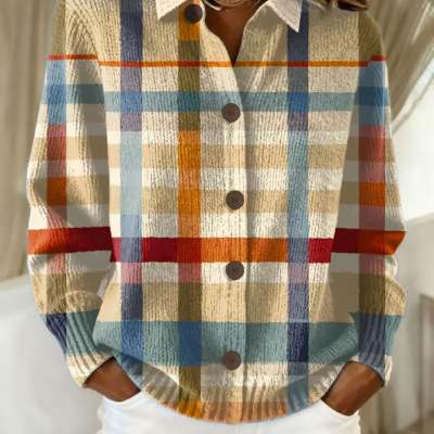 Womens Loose-Fitting Long-Sleeve Top With Colorful Big-Check Print
