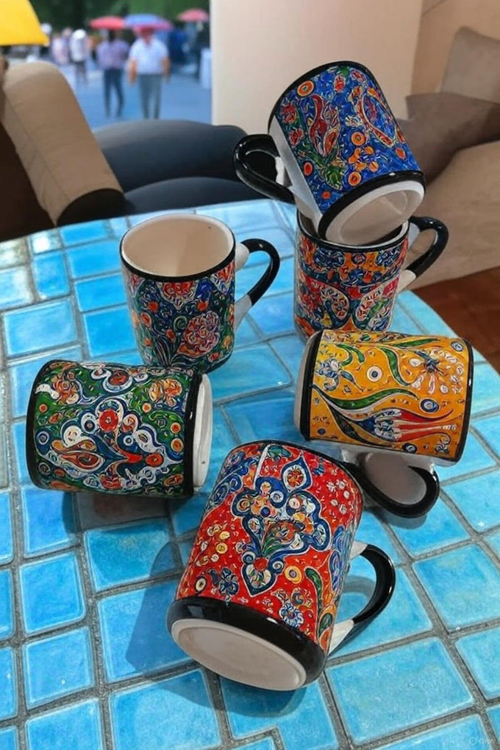 Set of 6 Handmade Ceramic Ethnic Mugs