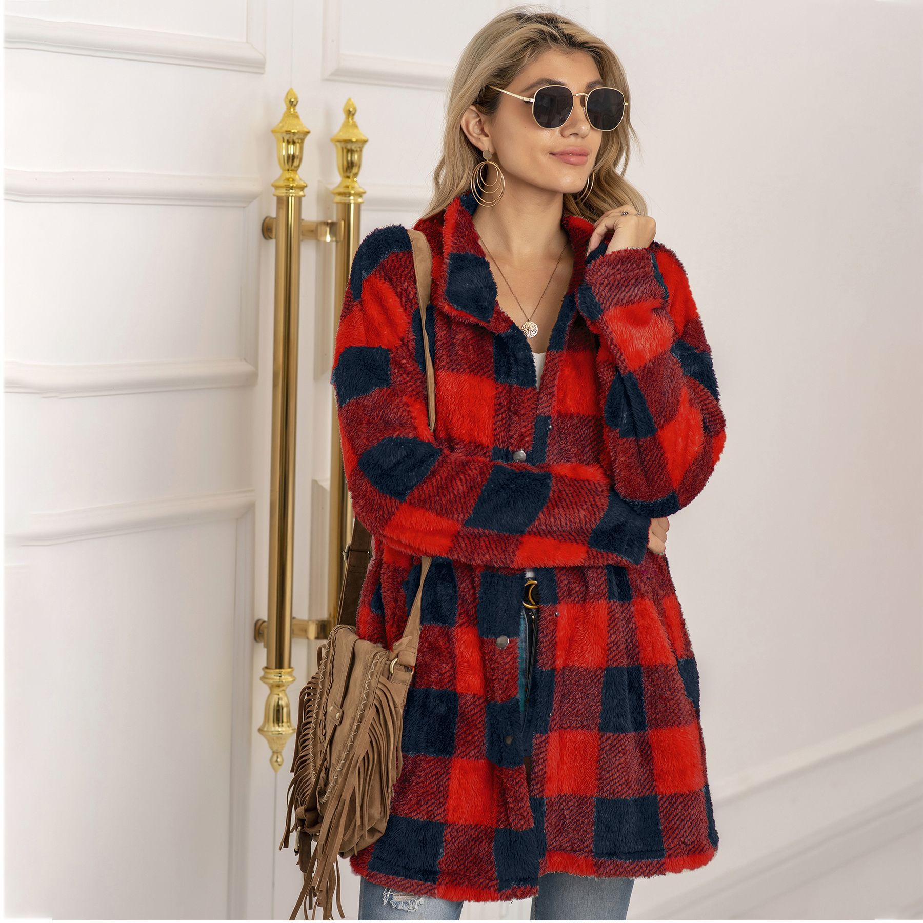 Colorblock Plaid Fleece Jacket