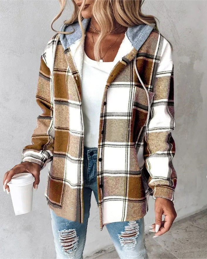 Plaid Hooded Jacket Fashion Casual Button Pocket Coat