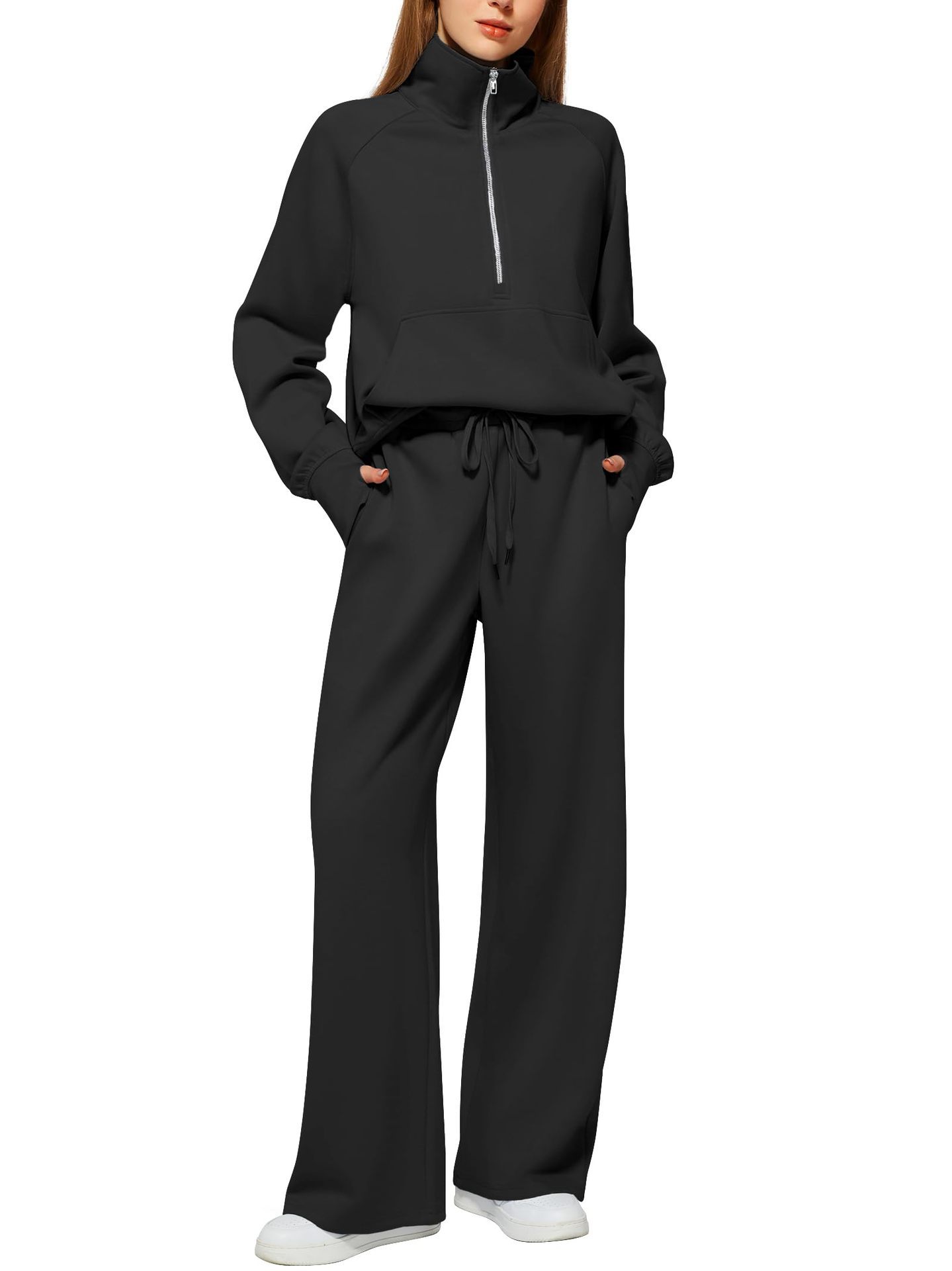Half Zip Long Sleeve Sweatshirt And Wide Leg Pants