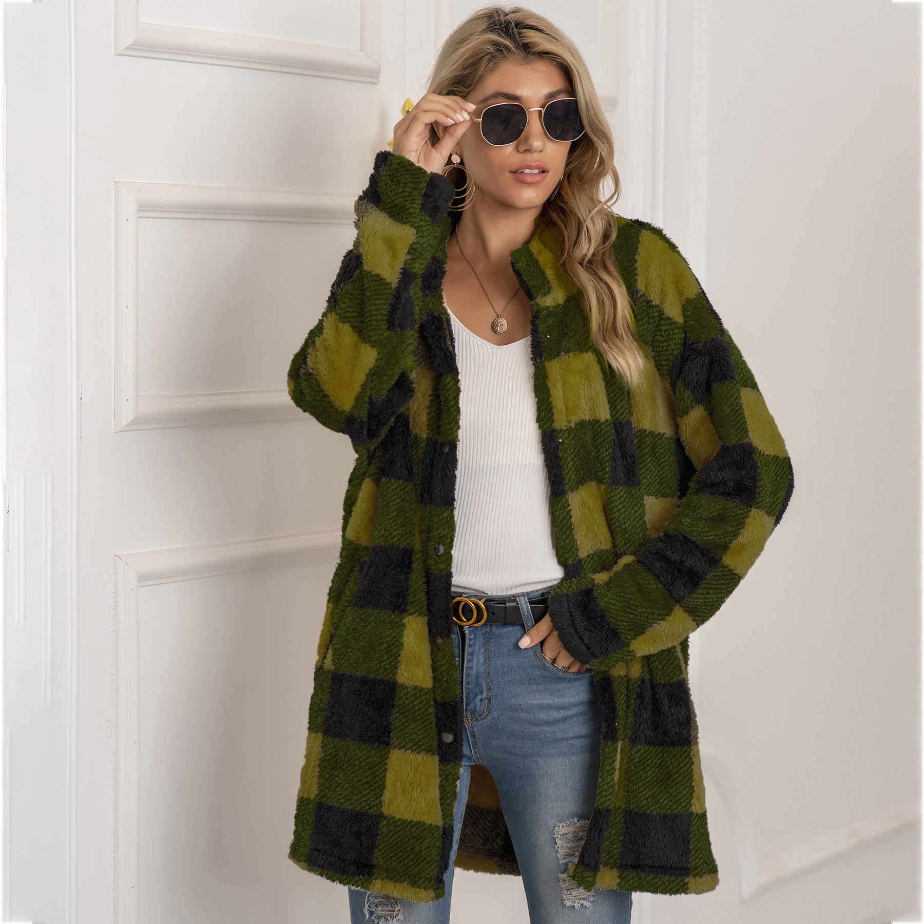 Colorblock Plaid Fleece Jacket