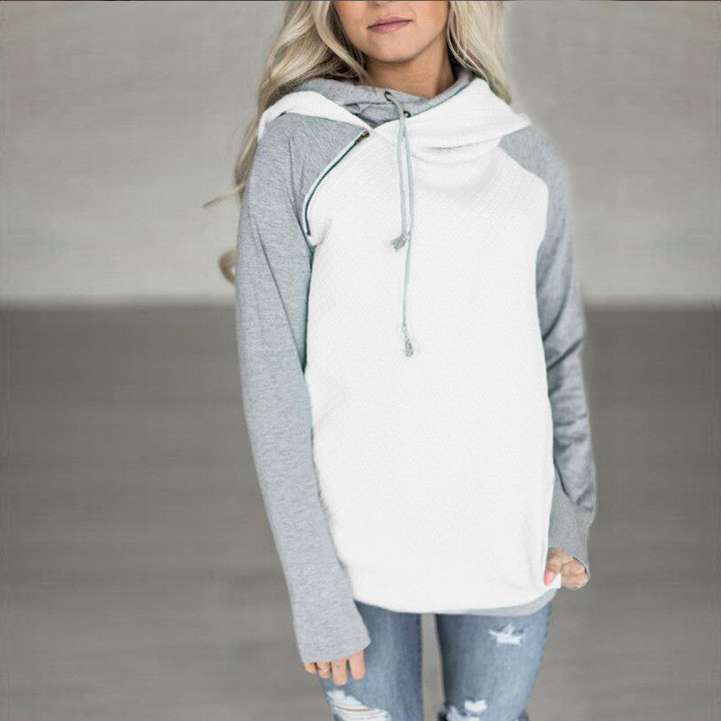 Oblique Zipper Double Hood Stitching Hoodie Sweatshirt Plaid Coat
