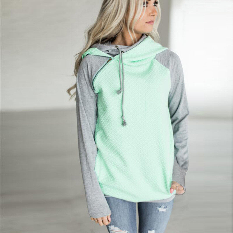 Oblique Zipper Double Hood Stitching Hoodie Sweatshirt Plaid Coat