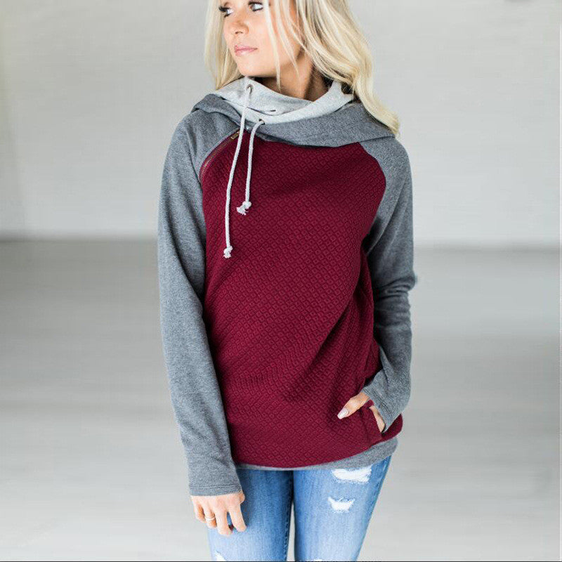 Oblique Zipper Double Hood Stitching Hoodie Sweatshirt Plaid Coat