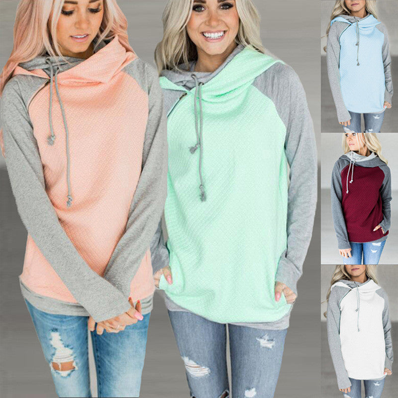 Oblique Zipper Double Hood Stitching Hoodie Sweatshirt Plaid Coat
