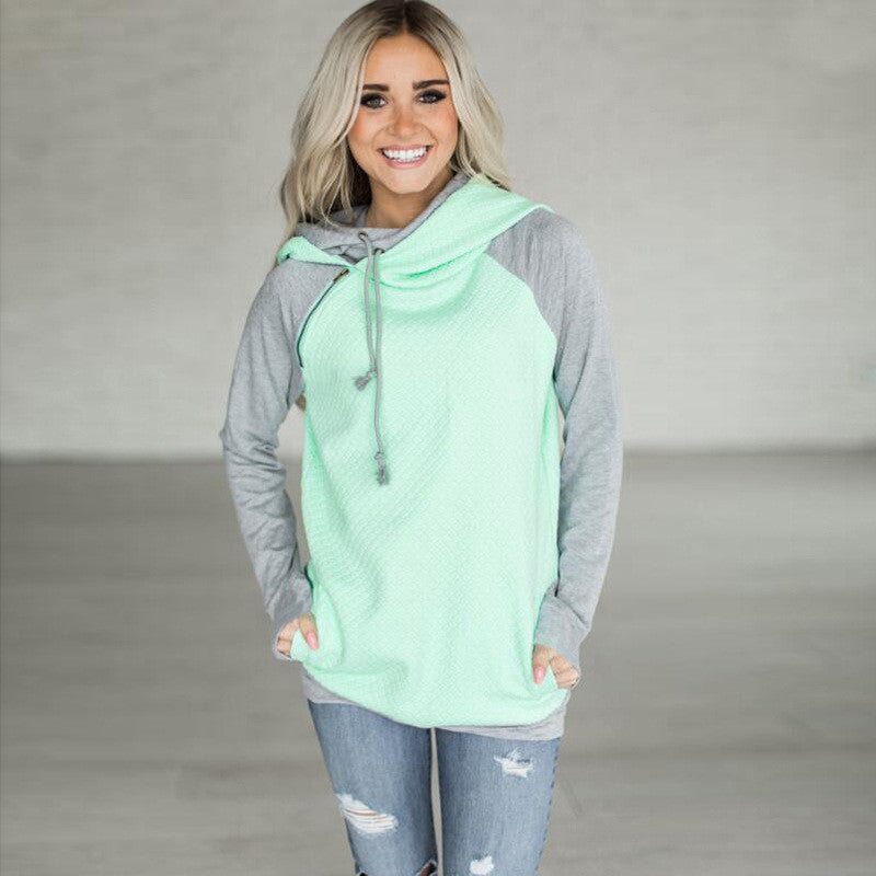 Oblique Zipper Double Hood Stitching Hoodie Sweatshirt Plaid Coat