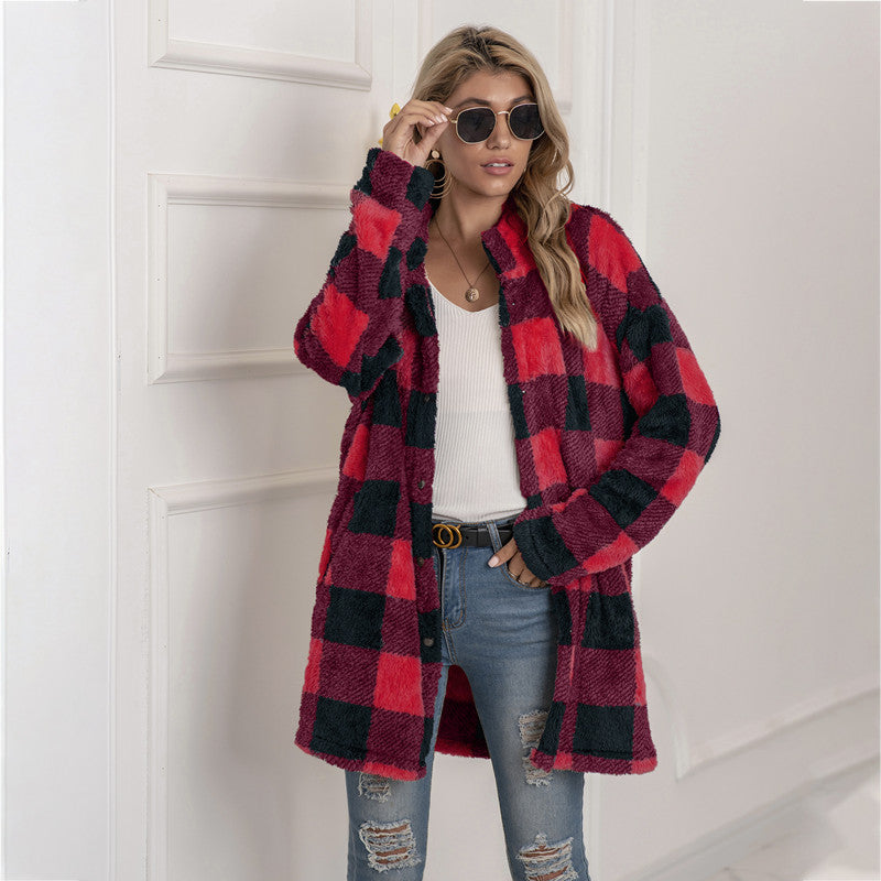 Colorblock Plaid Fleece Jacket