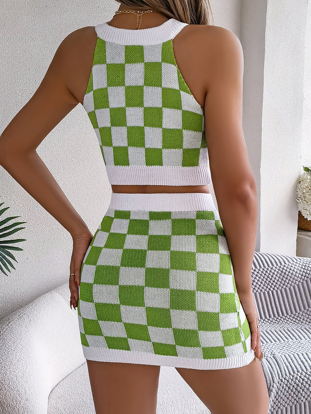 Women   Color Block Plaid Cropped Top & Bodycon Skirt Knit Set