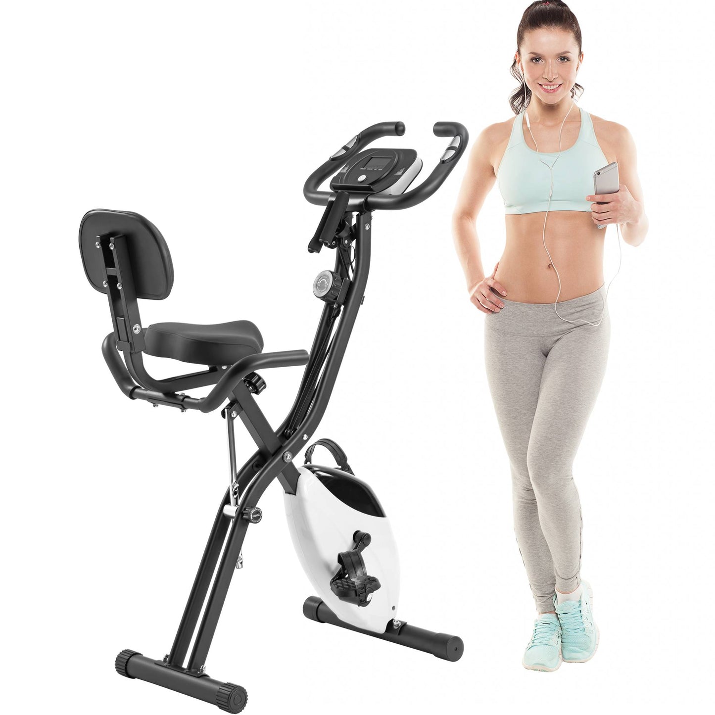 2-in-1 Folding Exercise Bike (Upright + Recumbent) – 10 Resistance Levels, LCD Monitor, Arm Bands & Backrest | Home Cardio Bike