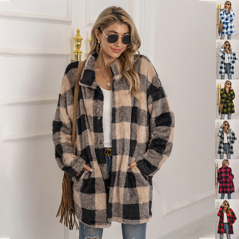 Colorblock Plaid Fleece Jacket