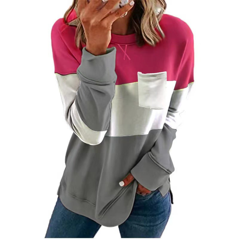 Womens Patchwork Collar Cross-Neck Long-Sleeve Casual Sweatshirt