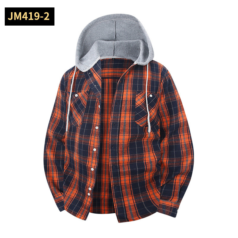 Men's Plaid Shirt Casual Hooded Jacket With Two Pockets