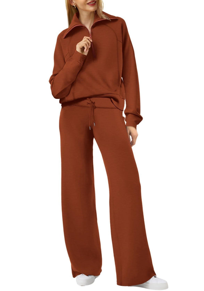 Woman Solid Color Half Zip Long Sleeve Sweatshirt And Wide Leg Pants