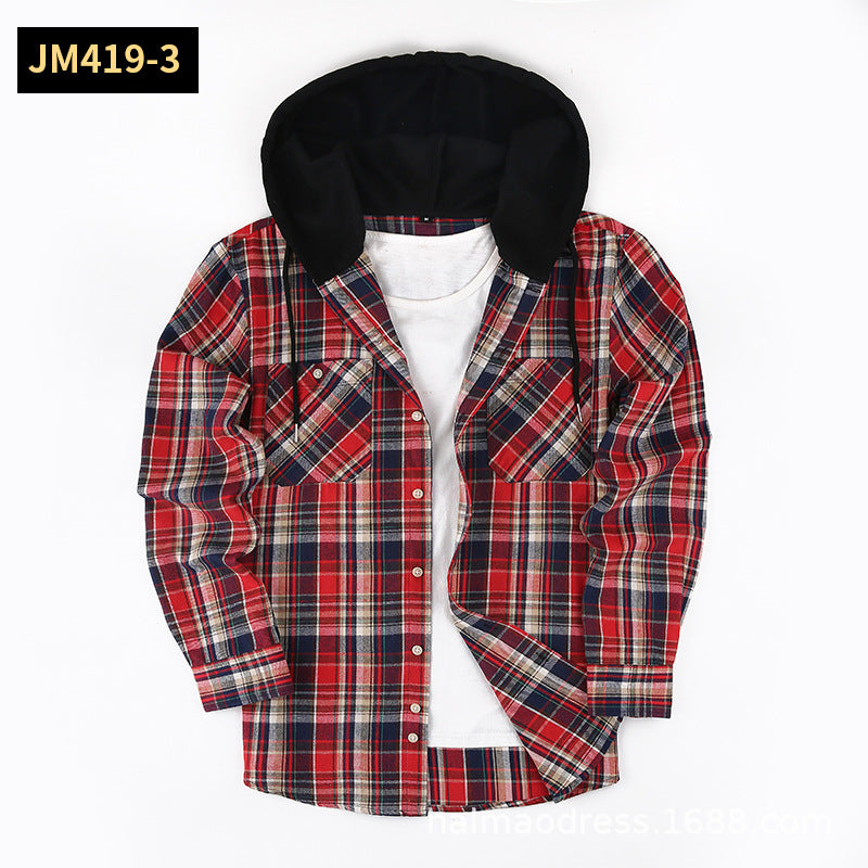 Men's Plaid Shirt Casual Hooded Jacket With Two Pockets