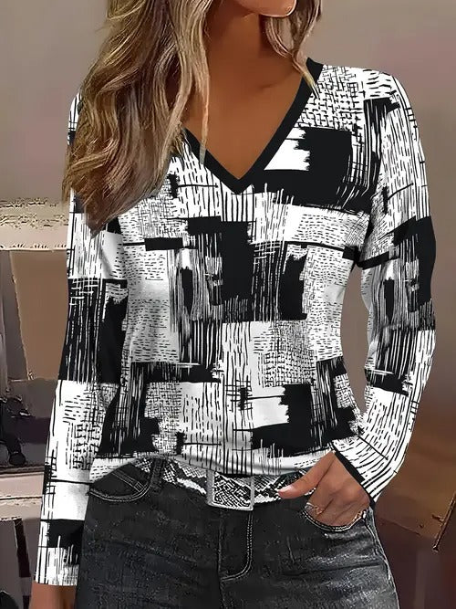Women’s Stylish Printed V-Neck Long Sleeve Top | Casual Fashion Blouse