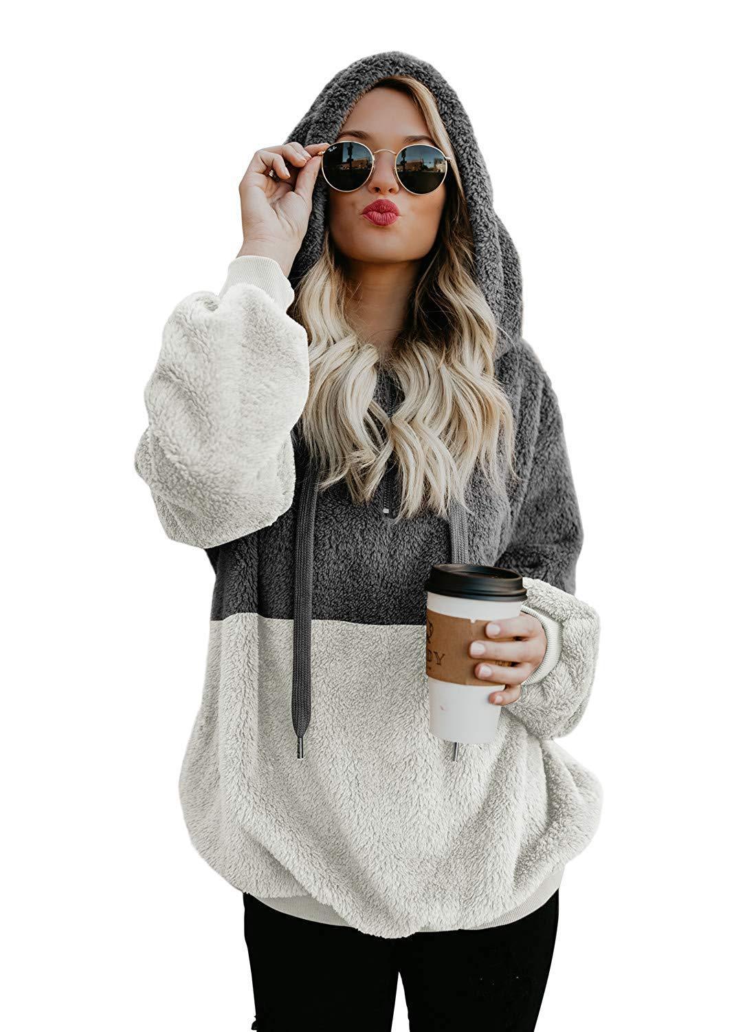 🤍 Women’s Plush Patchwork Hoodie – Cosy Zip-Up Winter Sweatshirt 🤍