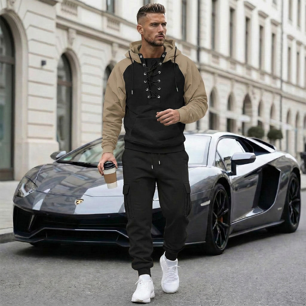 Men’s Fleece-Lined 2-Piece Hoodie & Cargo Jogger Set (Raglan Sleeves, Multi Pockets)