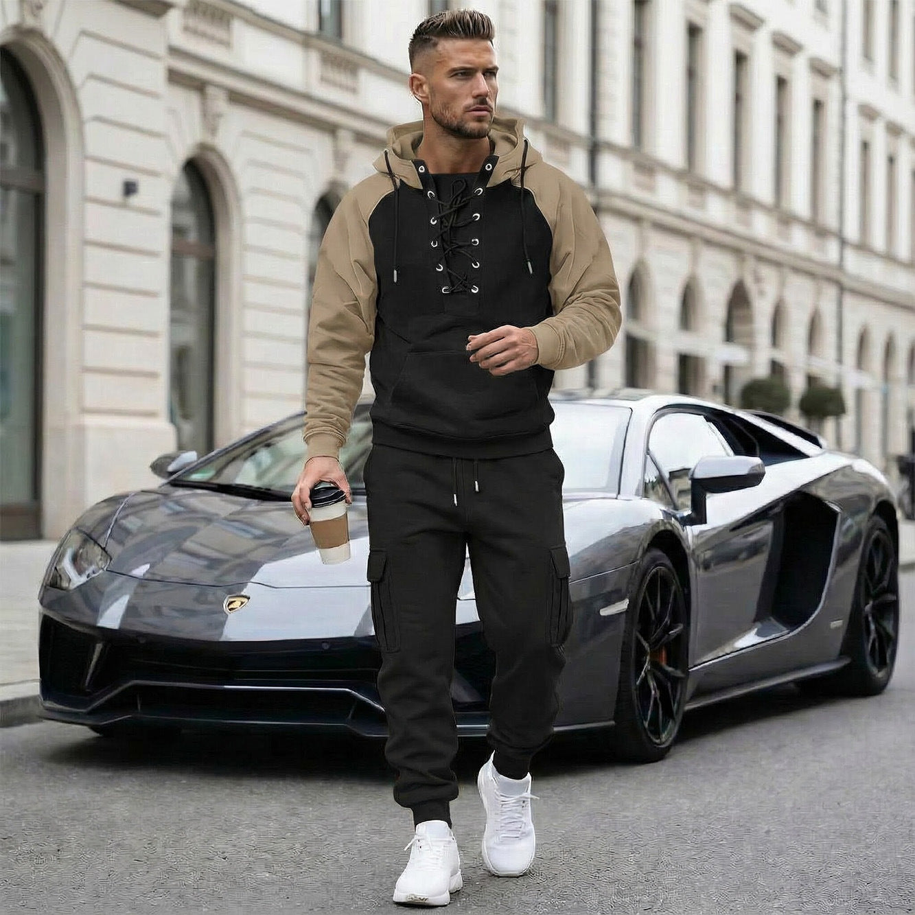 Men’s Fleece-Lined 2-Piece Hoodie & Cargo Jogger Set (Raglan Sleeves, Multi Pockets)