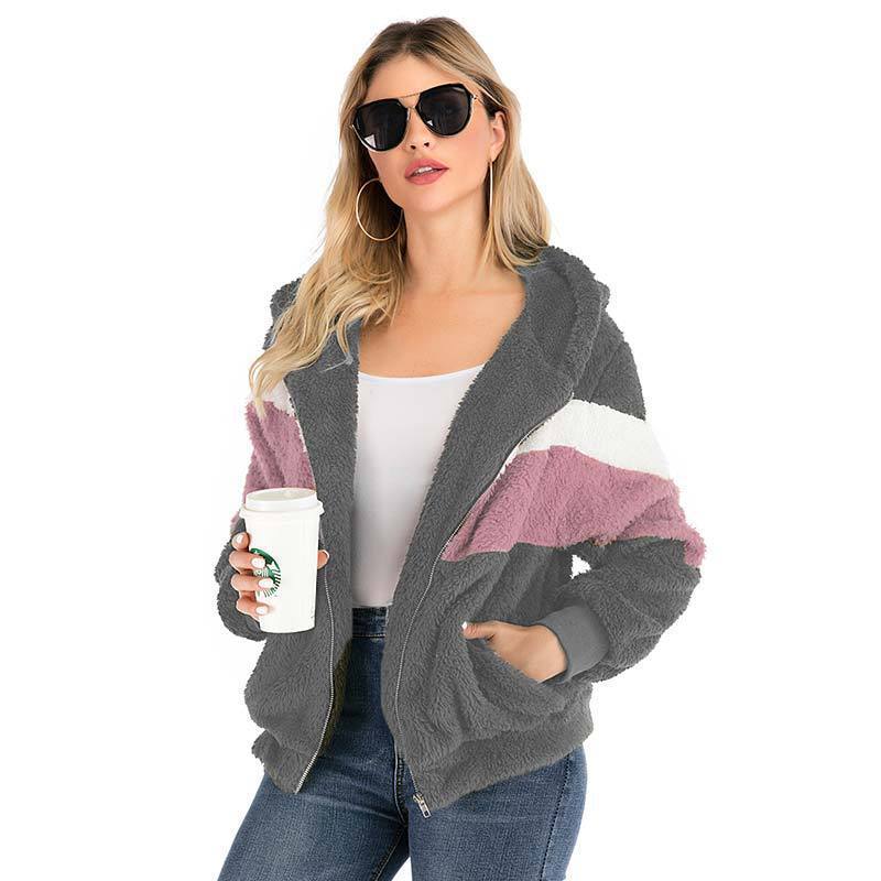 Women’s Teddy Fleece Jacket | Faux Fur Colour Block Hooded Coat