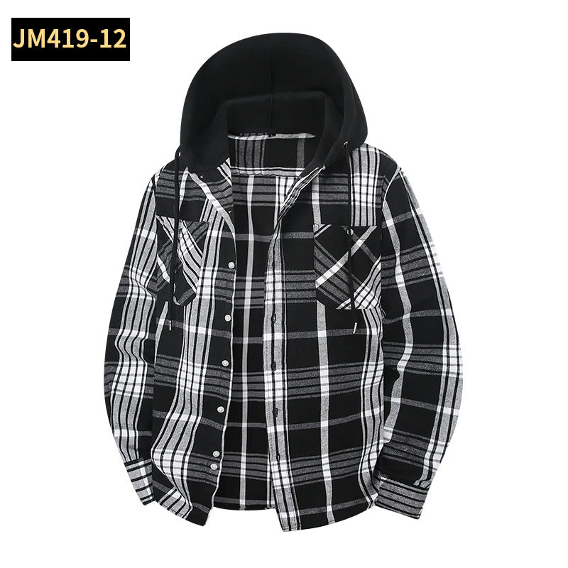 Men's Plaid Shirt Casual Hooded Jacket With Two Pockets