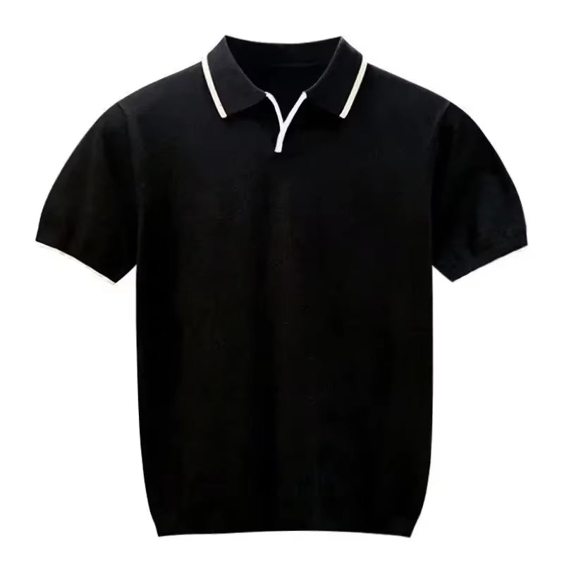 Summer Men'S Knit Short Sleeve Polo Shirt Korean Style Slim Fit Solid Color Ice Silk Casual T-Shirt Base Layer Top