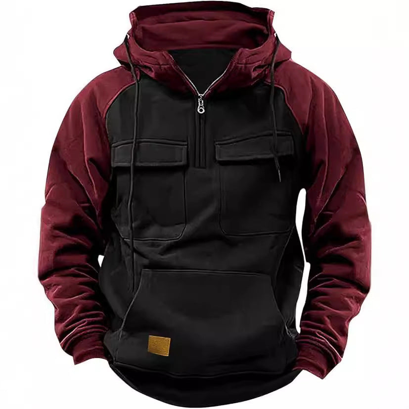🔥 Fall Winter Retro Cargo Hoodie – Men’s Half Zip Fleece Jacket 🔥