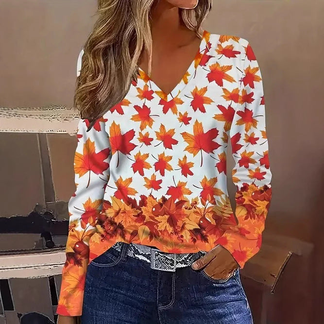 Women’s Stylish Printed V-Neck Long Sleeve Top | Casual Fashion Blouse