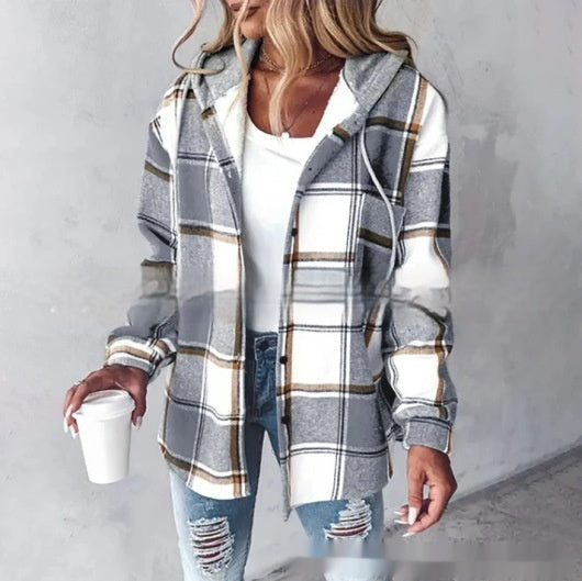 Plaid Hooded Jacket Fashion Casual Button Pocket Coat