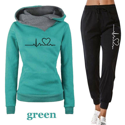 Women’s Heartbeat Hoodie Tracksuit Set 💖 | Autumn Pullover & Black Joggers
