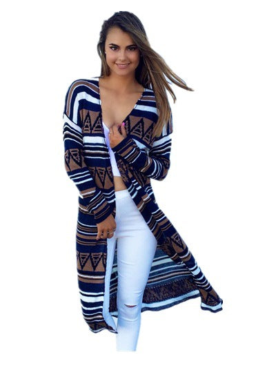 Women’s Longline Cardigan Coat | Boho Stripe Open Front Duster