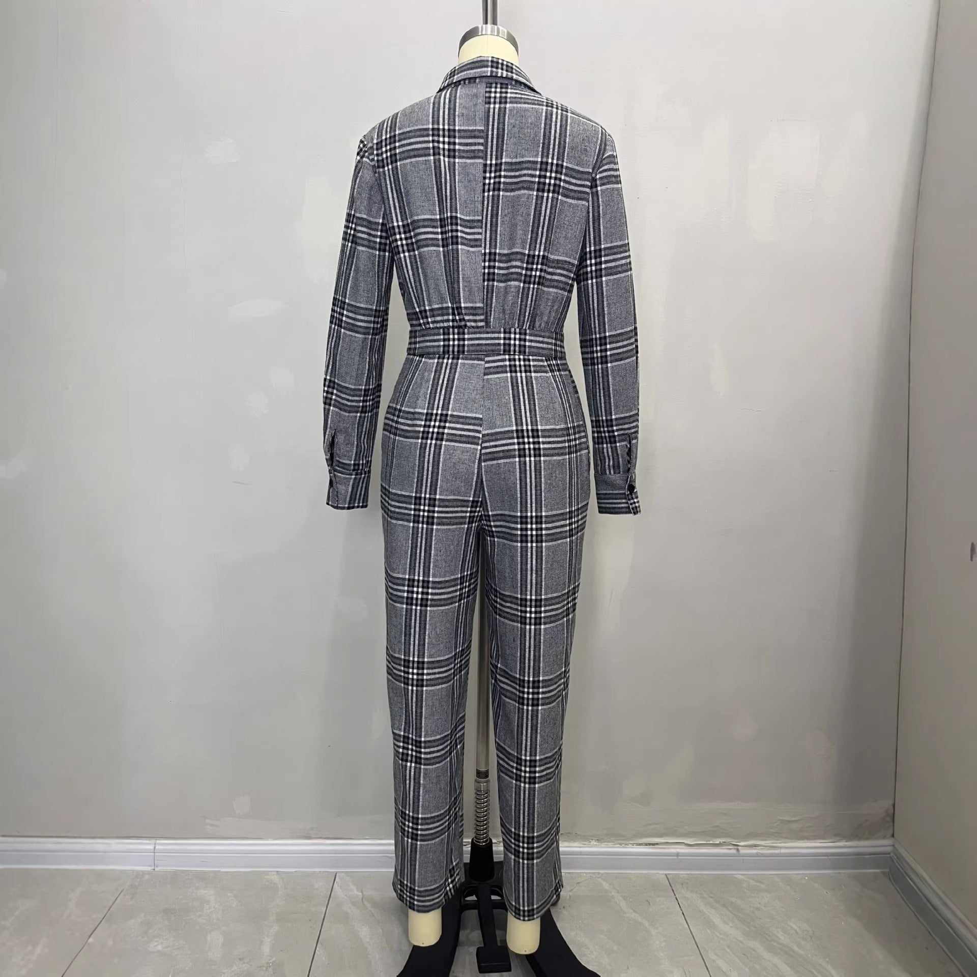 Retro Plaid High-Waisted Jumpsuit And Pockets For Women