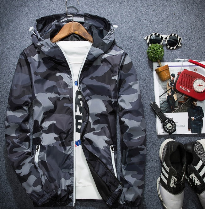 Men’s Camo Hooded Jacket – Lightweight Zip-Up Windbreaker (Spring/Autumn)