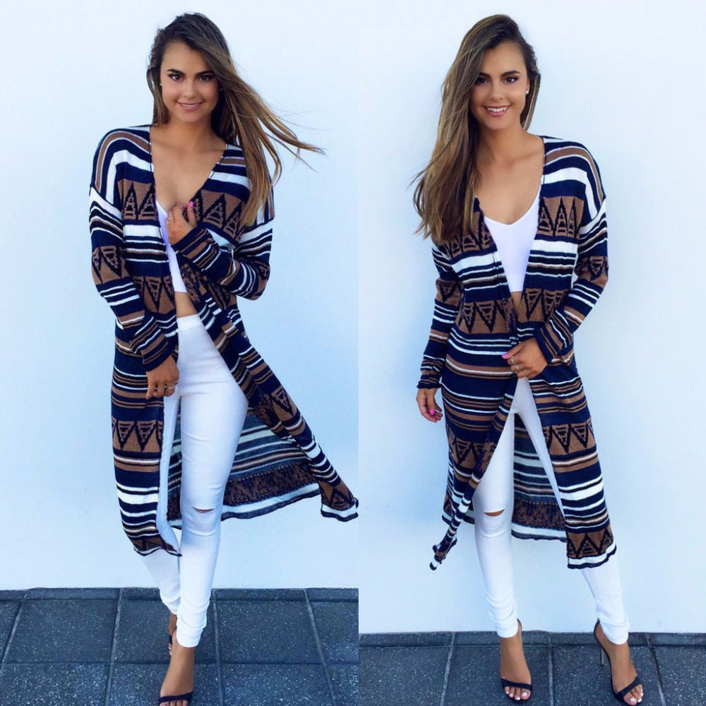 Women’s Longline Cardigan Coat | Boho Stripe Open Front Duster
