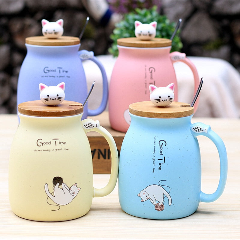 Cat Mug 450ml – Comes With Lid + Spoon