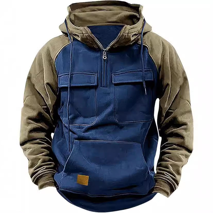 🔥 Fall Winter Retro Cargo Hoodie – Men’s Half Zip Fleece Jacket 🔥